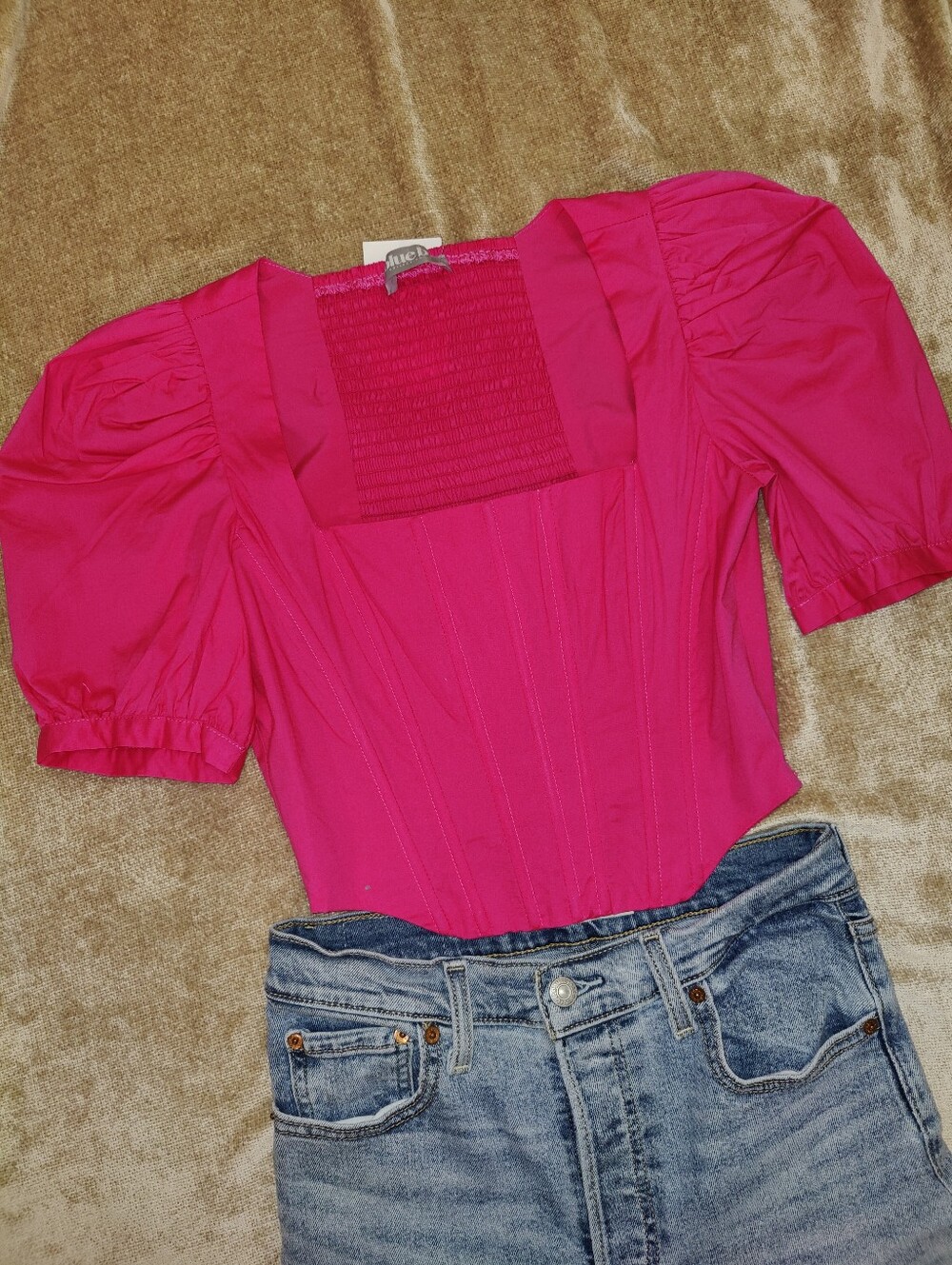 Blue B Collection Hot Pink Square-Neck Puff Sleeve Corset Top, Size S